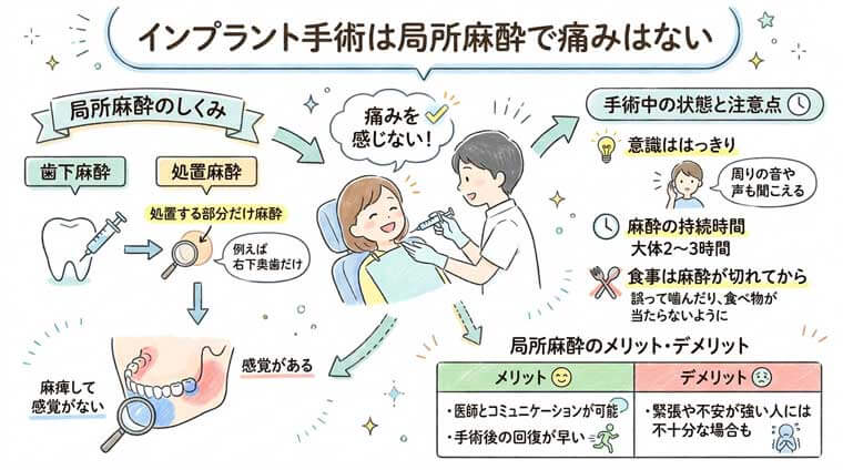 インプラント手術中は局所麻酔で痛みはないの図解