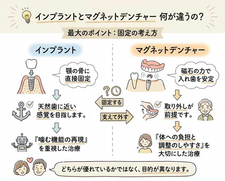【図解】インプラントとマグネットデンチャーの違い