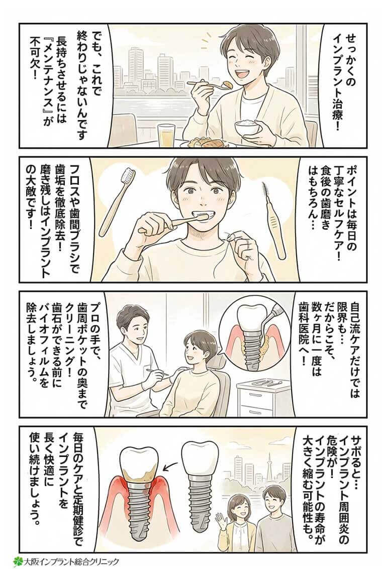 【マンガ】インプラントの治療後のメンテナンスで気をつけることはありますか