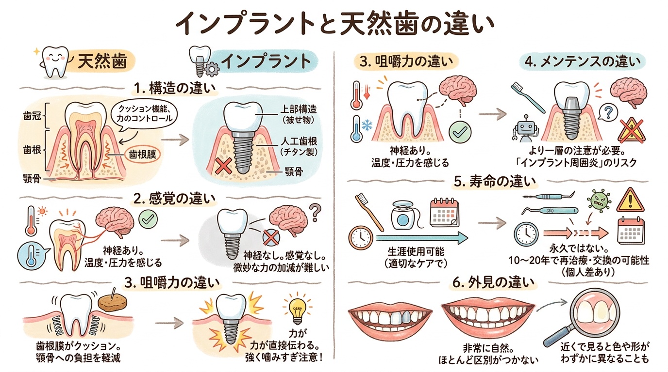 インプラントと天然歯の違いの図解