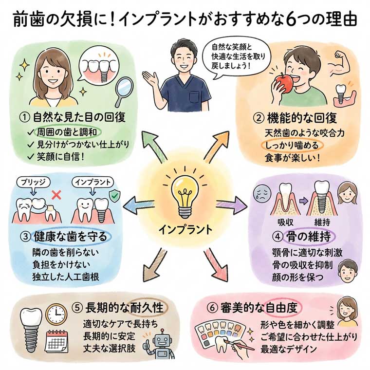 前歯の欠損に対してインプラントをおすすめする理由の図解