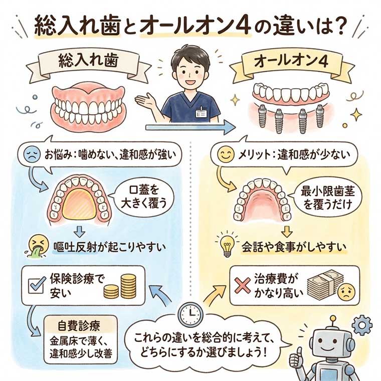 総入れ歯とオールオン4の違いは？の図解