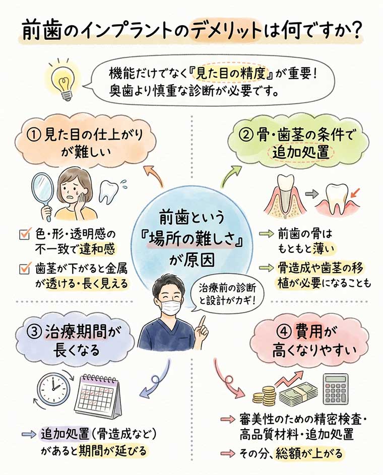 前歯のインプラントのデメリットは何ですか？の図解