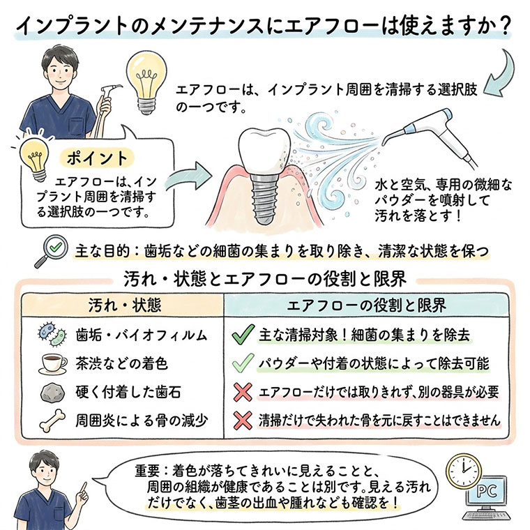 インプラントのメンテナンスにエアフローは使えますか？の図解