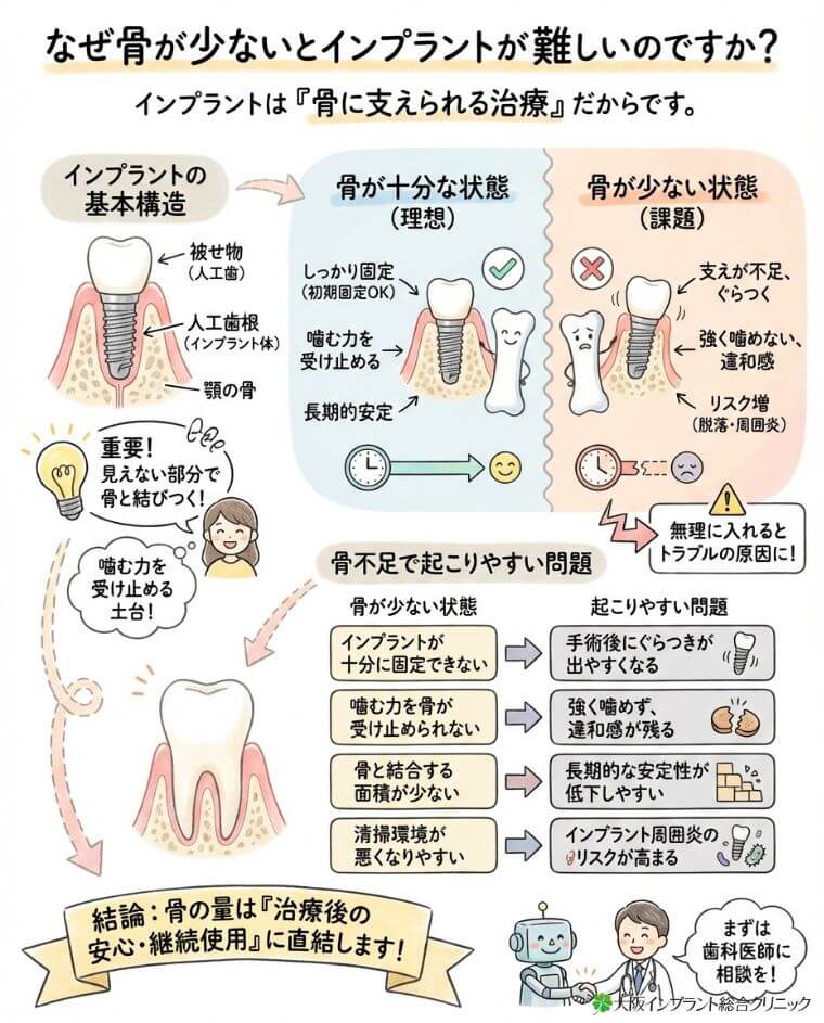 なぜ骨が少ないとインプラントが難しいのですか？