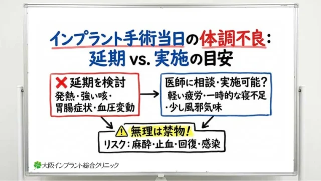 インプラント手術当日の体調不良はどこまで許容範囲？延期すべき症状と受けられる目安