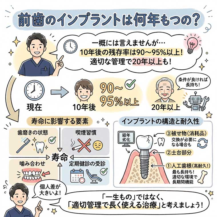 前歯のインプラントは何年もつの？の図解