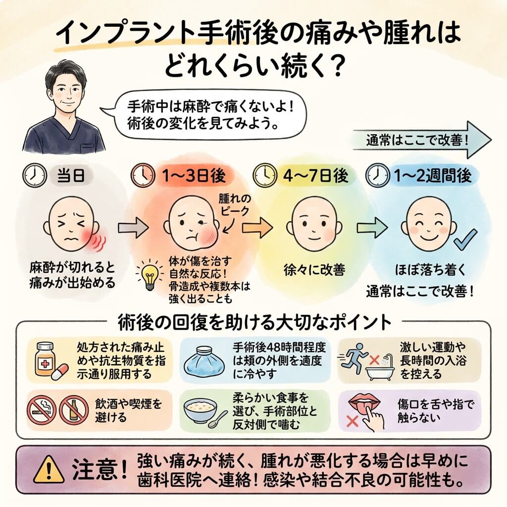 インプラント手術後の痛みや腫れはどれくらい続く？の図解