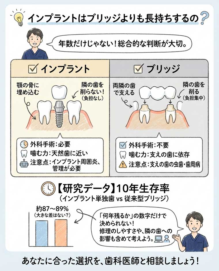 インプラントはブリッジよりも長持ちするの？の図解